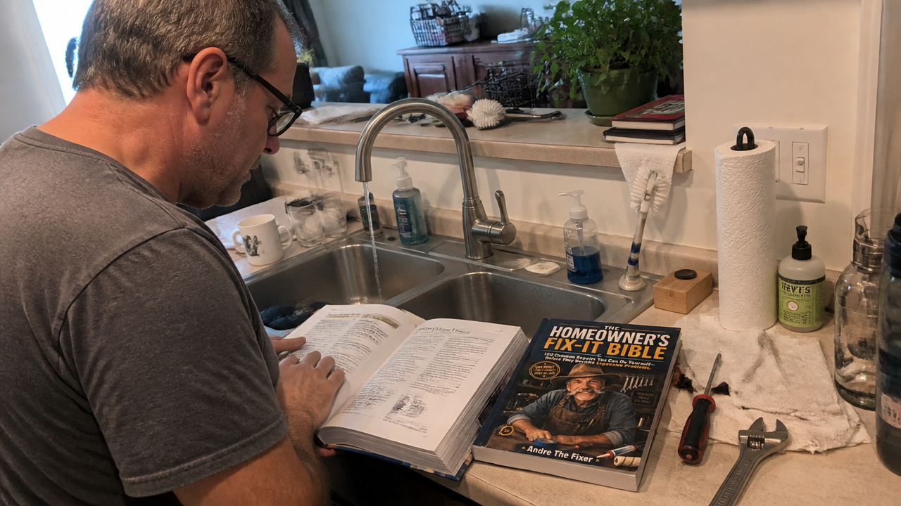 Homeowner checking a leak beneath a kitchen sink